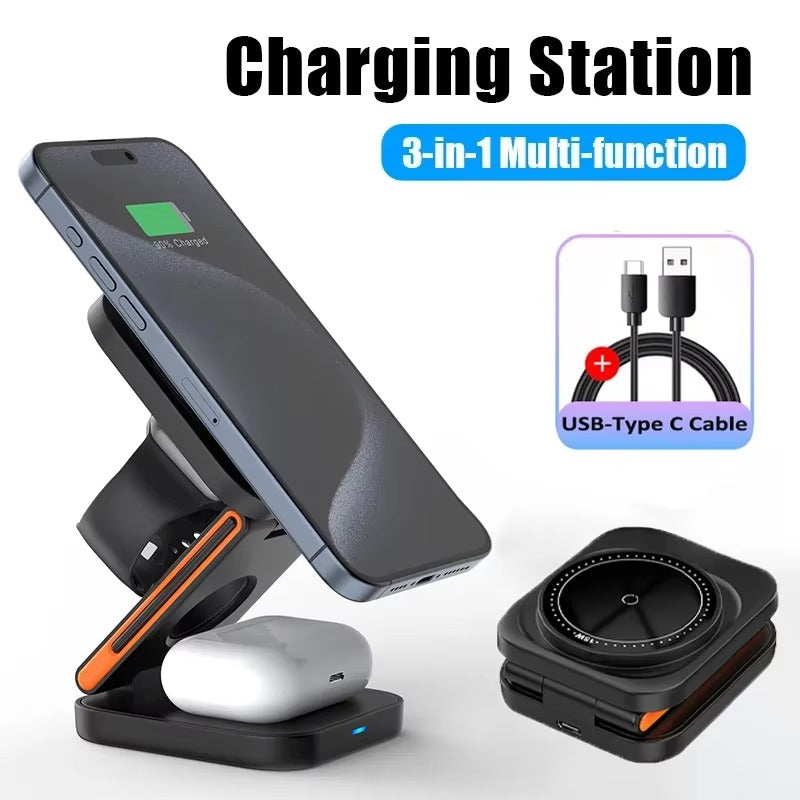 Elite iPhone 3-in-1 Foldable Magnetic Wireless Charging Station, 30W Fast-Charge Portable Stand for Watch, Phone & Earbuds