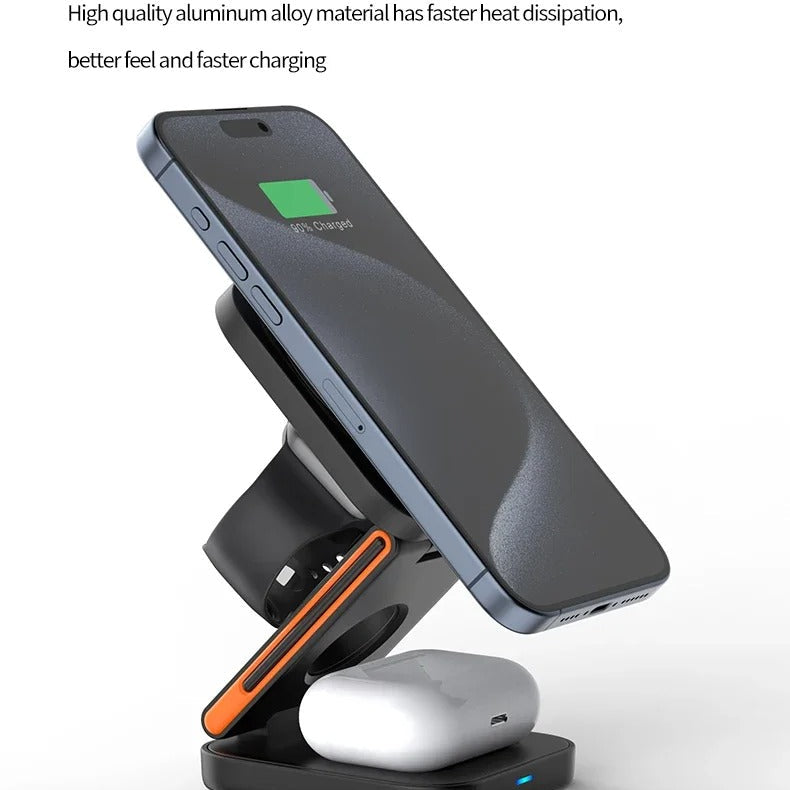 Elite iPhone 3-in-1 Foldable Magnetic Wireless Charging Station, 30W Fast-Charge Portable Stand for Watch, Phone & Earbuds
