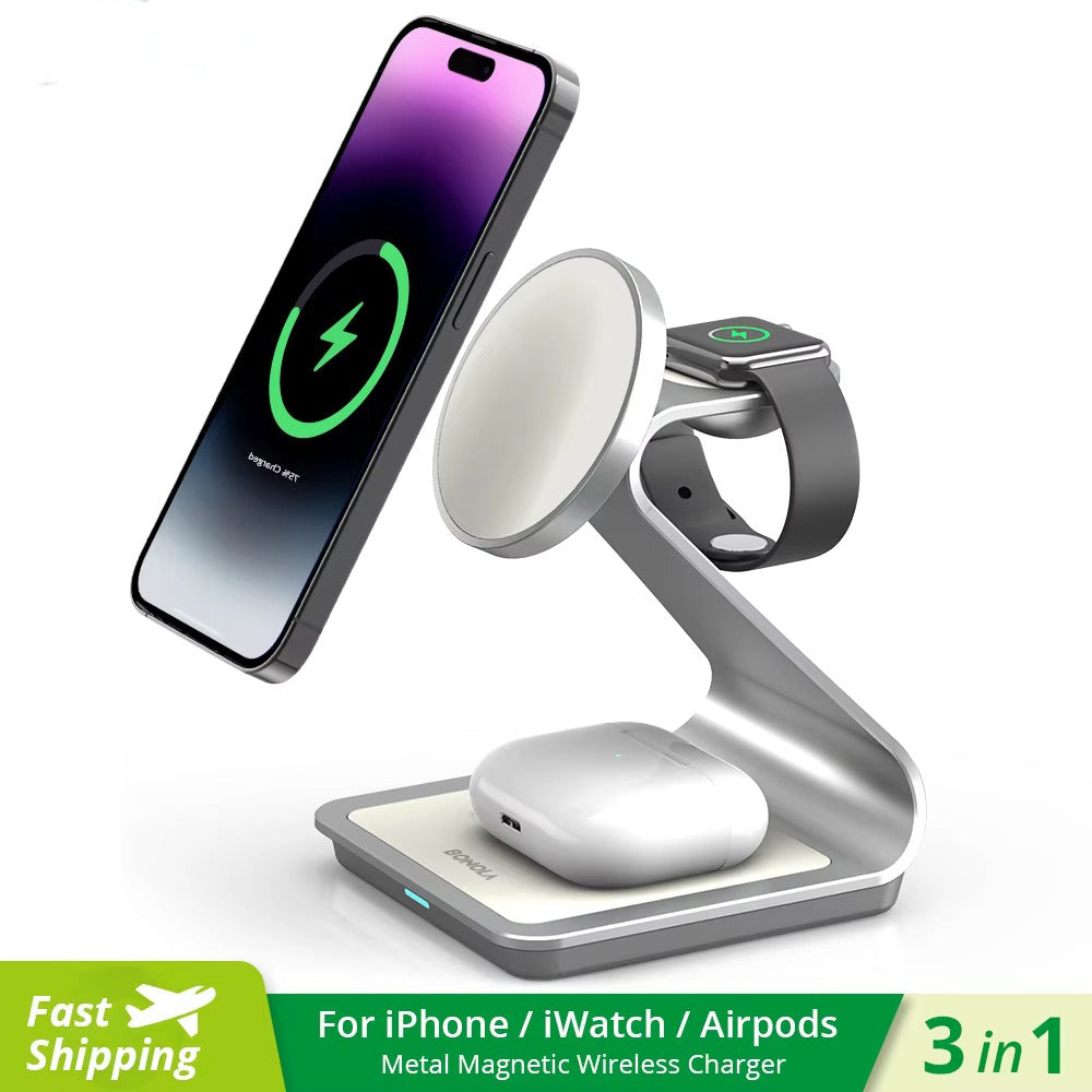 Elite iPhone 3-in-1 Magnetic Wireless Charging Station, 28W Fast-Charge Metal Dock for Phone, Watch & Earbuds with Aluminum Design