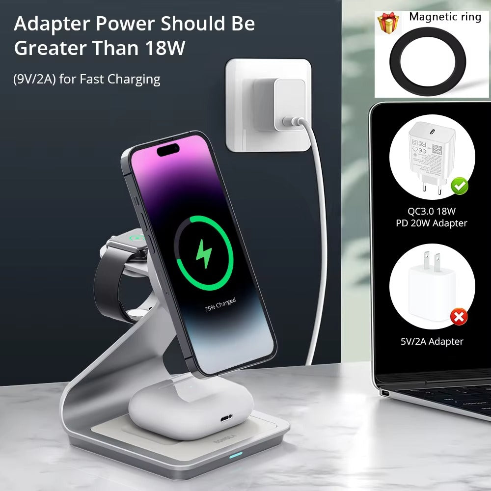 Elite iPhone 3-in-1 Magnetic Wireless Charging Station, 28W Fast-Charge Metal Dock for Phone, Watch & Earbuds with Aluminum Design