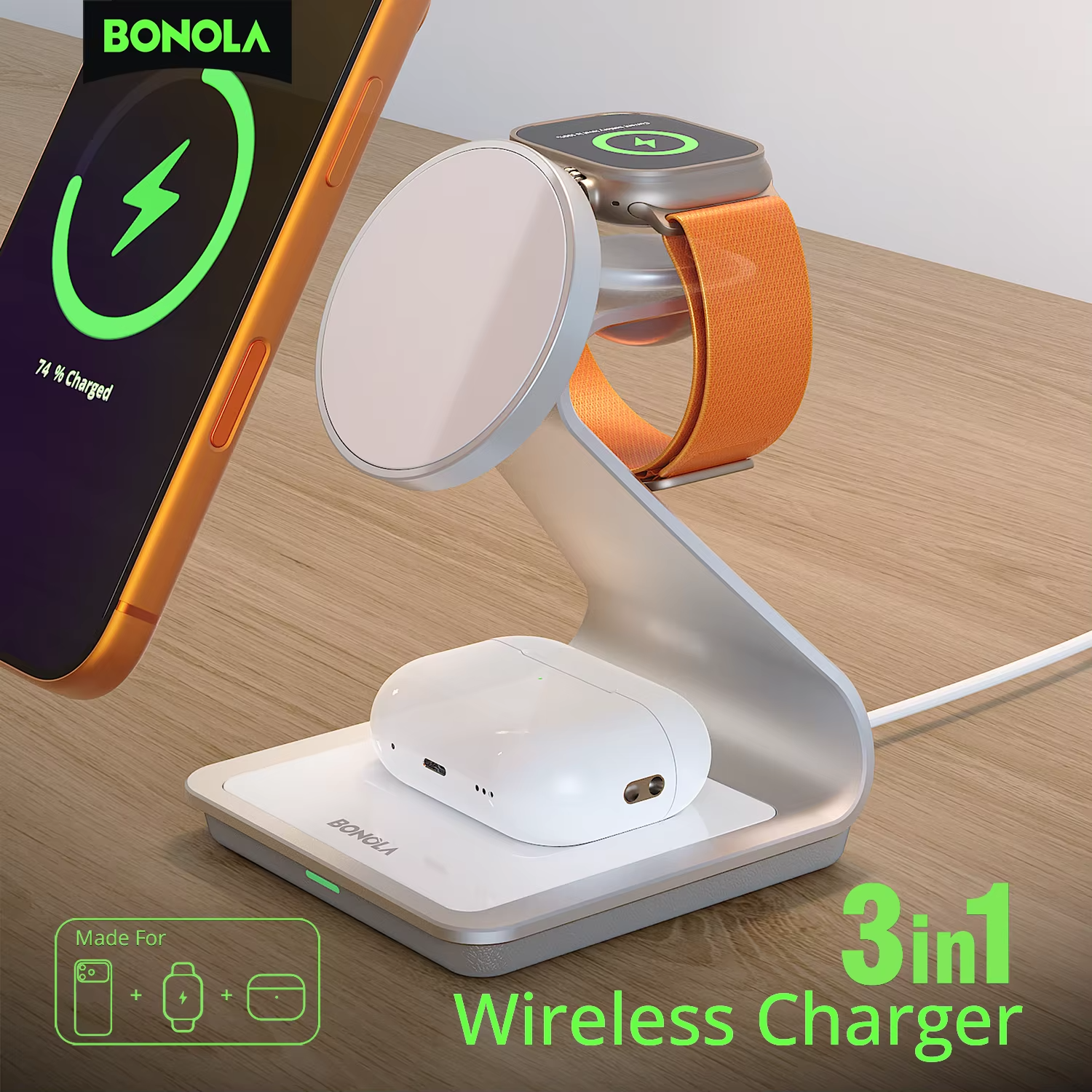 Elite iPhone 3-in-1 Magnetic Wireless Charging Station, 28W Fast-Charge Metal Dock for Phone, Watch & Earbuds with Aluminum Design