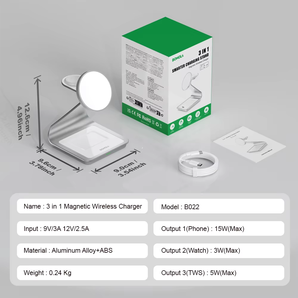 Elite iPhone 3-in-1 Magnetic Wireless Charging Station, 28W Fast-Charge Metal Dock for Phone, Watch & Earbuds with Aluminum Design