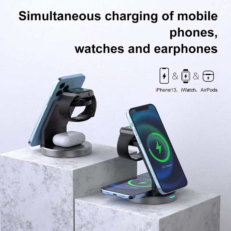 Elite iPhone 3-in-1 Wireless Charging Station, Magnetic 15W Fast-Charge Stand for Phone, Watch & Earbuds with Compact Desktop Design