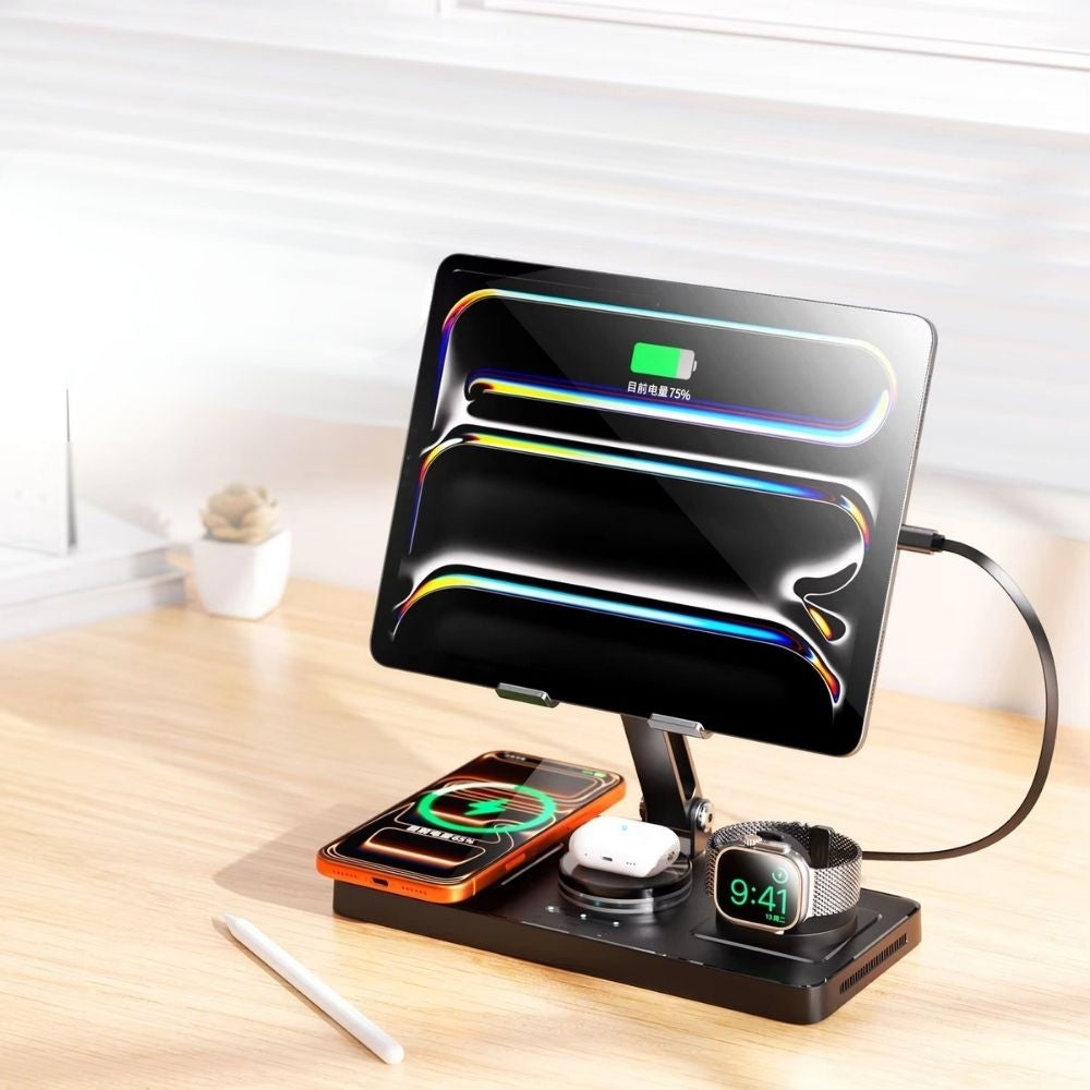 Elite iPhone 5-in-1 Magnetic Wireless Charging Station, 30W Fast-Charge Metal Stand for Phone, Watch, Earbuds & Tablet with Retractable USB-C Cable