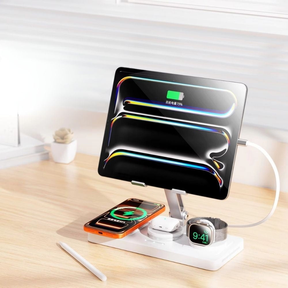 Elite iPhone 5-in-1 Magnetic Wireless Charging Station, 30W Fast-Charge Metal Stand for Phone, Watch, Earbuds & Tablet with Retractable USB-C Cable