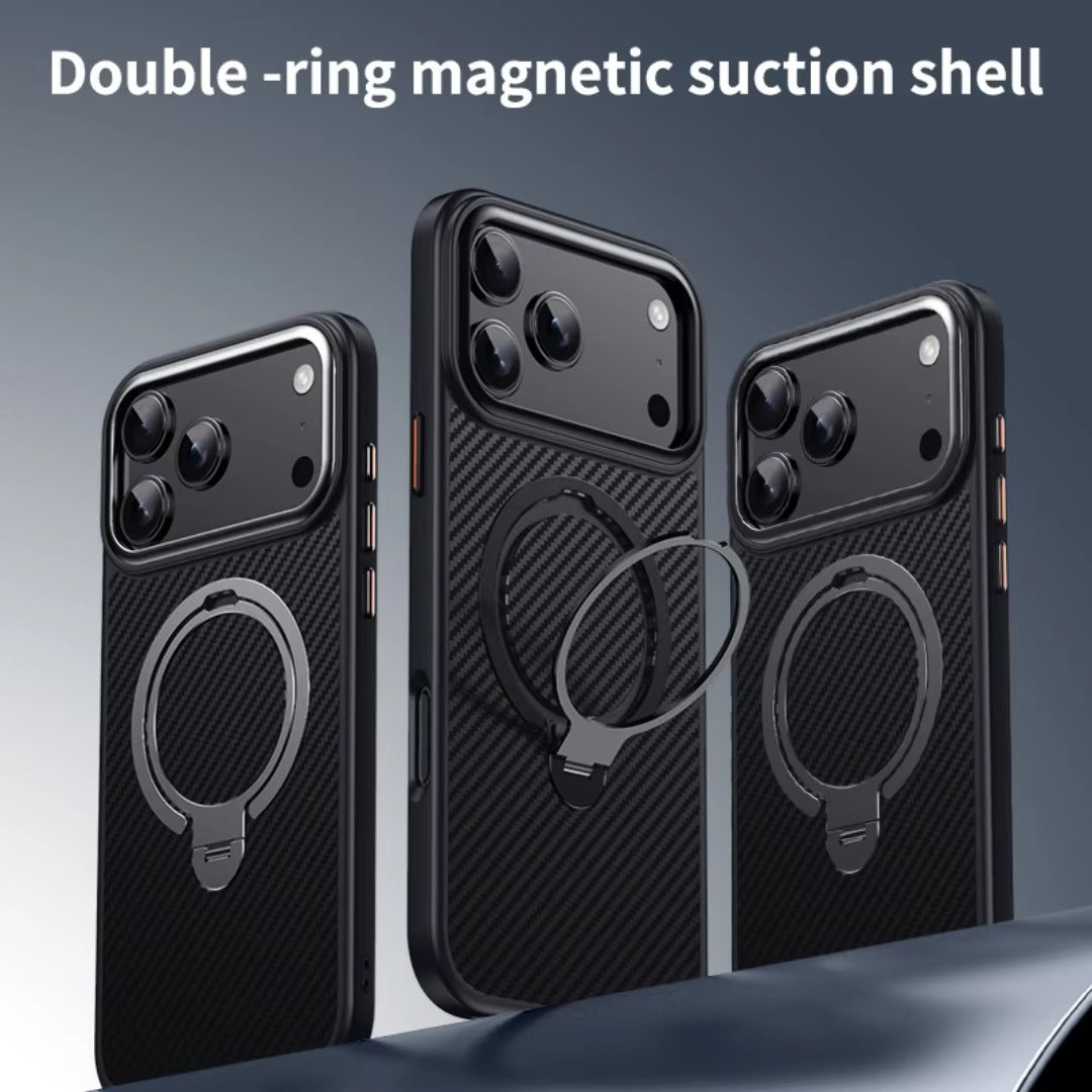 Elite iPhone Case — MagSafe Carbon-Fiber Aramid Style Cover with 360° Ring Stand, Shockproof Airbag Corners and Magnetic Mount Support