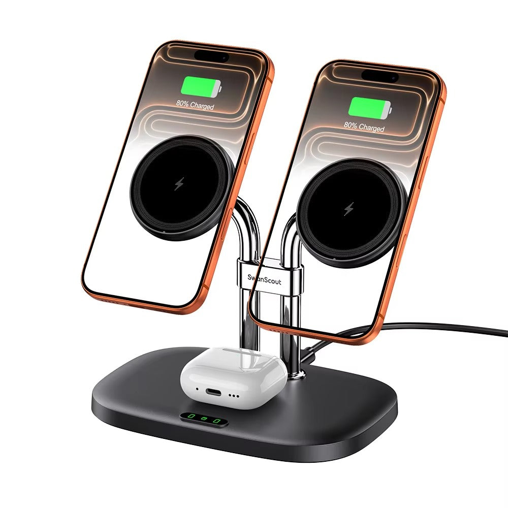 Elite iPhone Dual-Magnetic 3-in-1 Wireless Charging Station, 20W Fast-Charge Dock for Phone & Earbuds with Compact Desktop Design