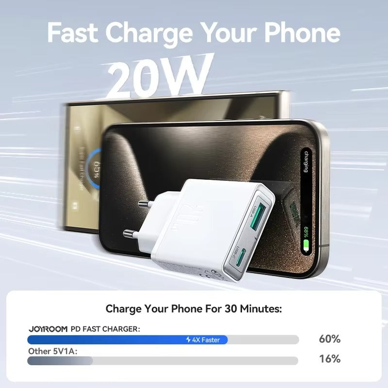 High-Quality 20W GaN Fast Wall Charger with USB-C PD & USB-A QC 3.0, Dual-Port Charging, Slim Lightweight Travel Power Adapter