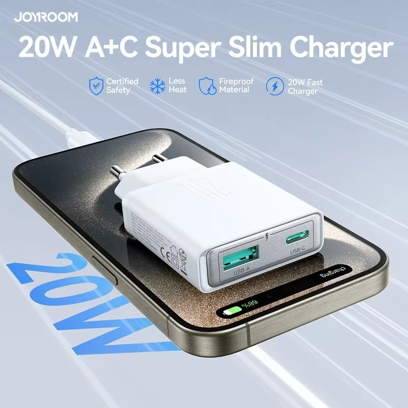 High-Quality 20W GaN Fast Wall Charger with USB-C PD & USB-A QC 3.0, Dual-Port Charging, Slim Lightweight Travel Power Adapter