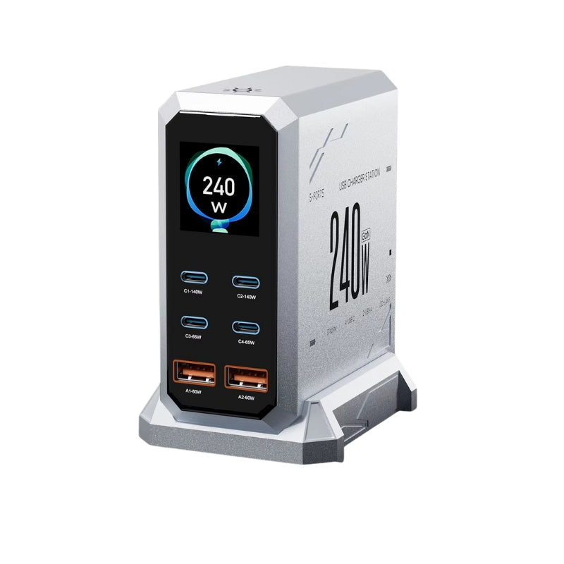 High-Quality 240W GaN Desktop Charger with PD 3.1 & PPS, 140W USB-C Fast Output, 6-Port Multi-Device Charging Station with Display