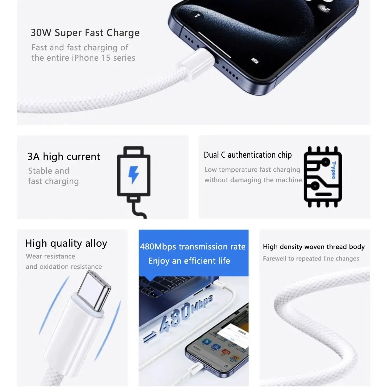 High-Quality USB-C Fast Charging Cable, 60W PD Power Braided Data Cable with 5A Output for Smartphones, Tablets & Laptops