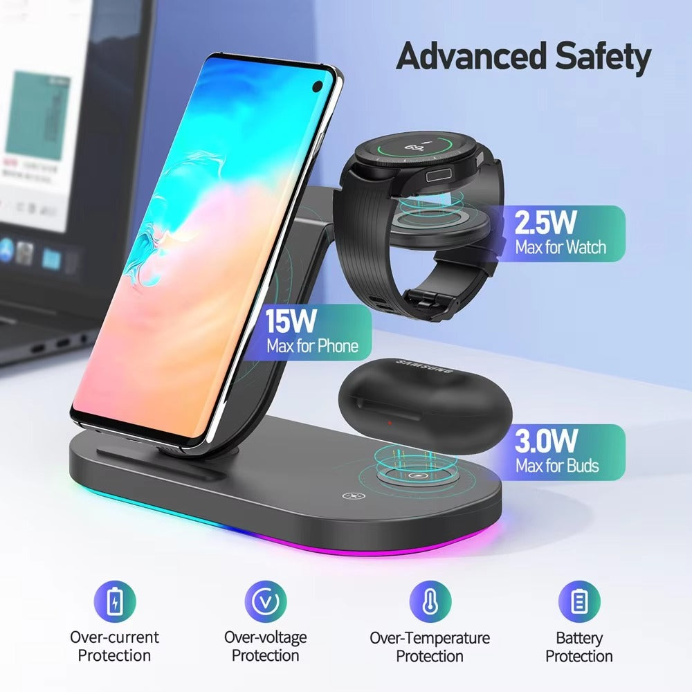 High-Quality Wireless Charging Dock Station, 15W Qi Fast-Charge Stand for Phones, Smart Watches & Earbuds with LED Indicator and Magnetic Holder