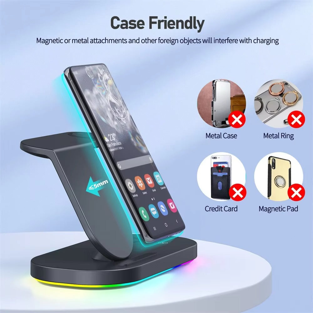 High-Quality Wireless Charging Dock Station, 15W Qi Fast-Charge Stand for Phones, Smart Watches & Earbuds with LED Indicator and Magnetic Holder