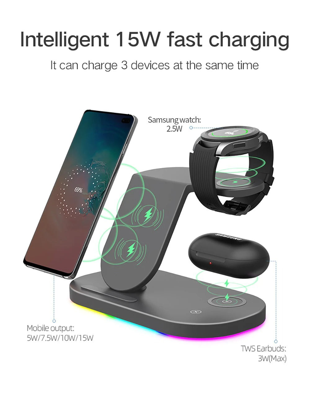 High-Quality Wireless Charging Dock Station, 15W Qi Fast-Charge Stand for Phones, Smart Watches & Earbuds with LED Indicator and Magnetic Holder