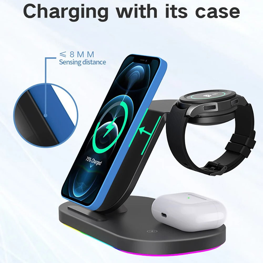 High-Quality Wireless Charging Dock Station, 15W Qi Fast-Charge Stand for Phones, Smart Watches & Earbuds with LED Indicator and Magnetic Holder