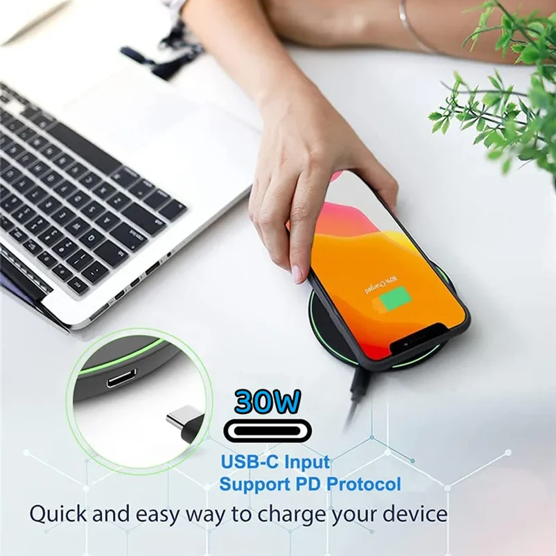 High-Quality Wireless Charging Pad with LED Indicator, 30W Fast-Charge Dock for Smartphones & Earbuds with Slim Desktop Design