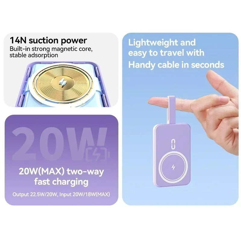 High-Quality Wireless Power Bank with LED Display, 23W Fast-Charge Portable Battery Featuring Built-In Cables, Flashlight & Hand Warmer
