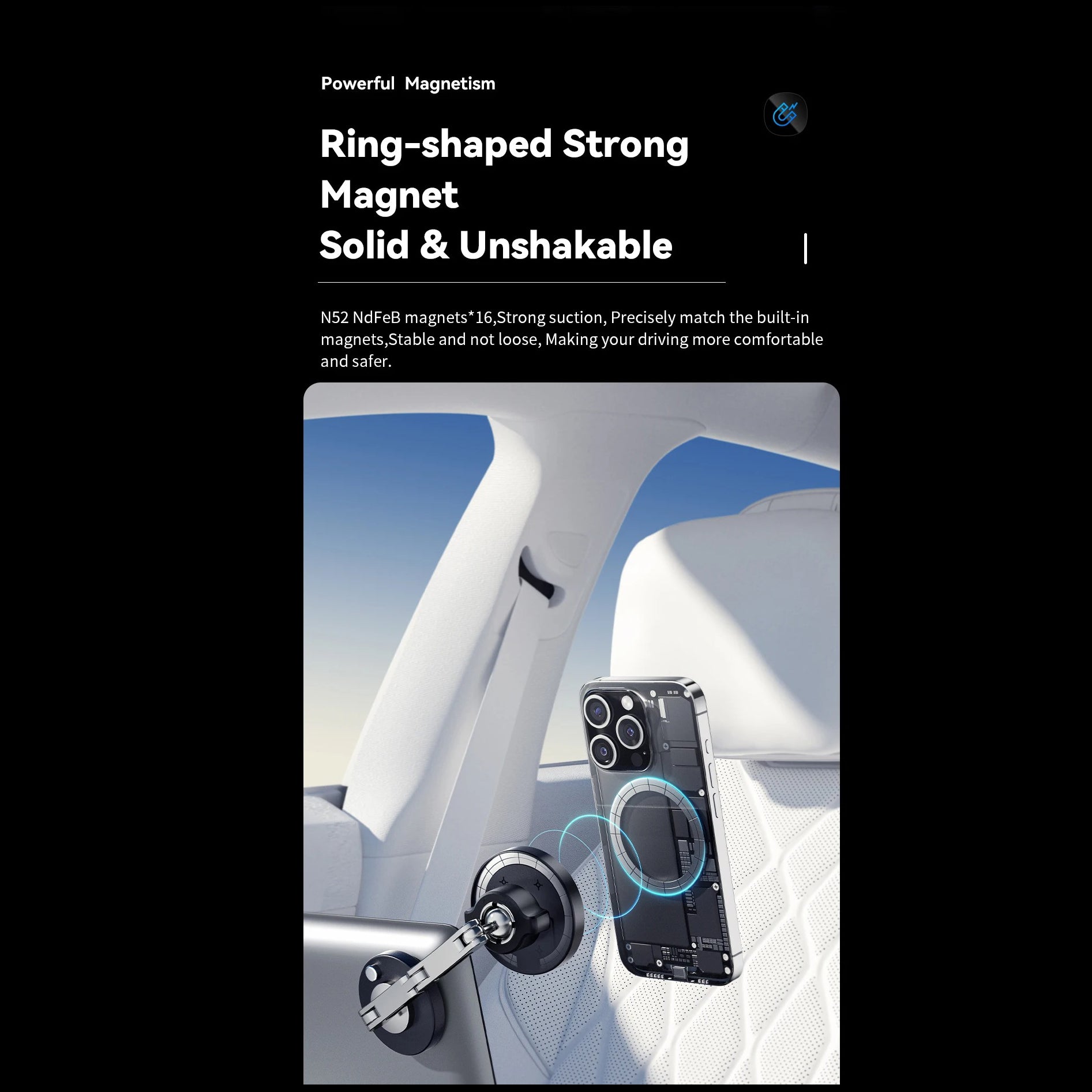 High-Quality iPhone MagSafe Magnetic Car Phone Holder, 15W Wireless Charging Mount with Multi-Axis Adjustment & Strong Magnetic Grip