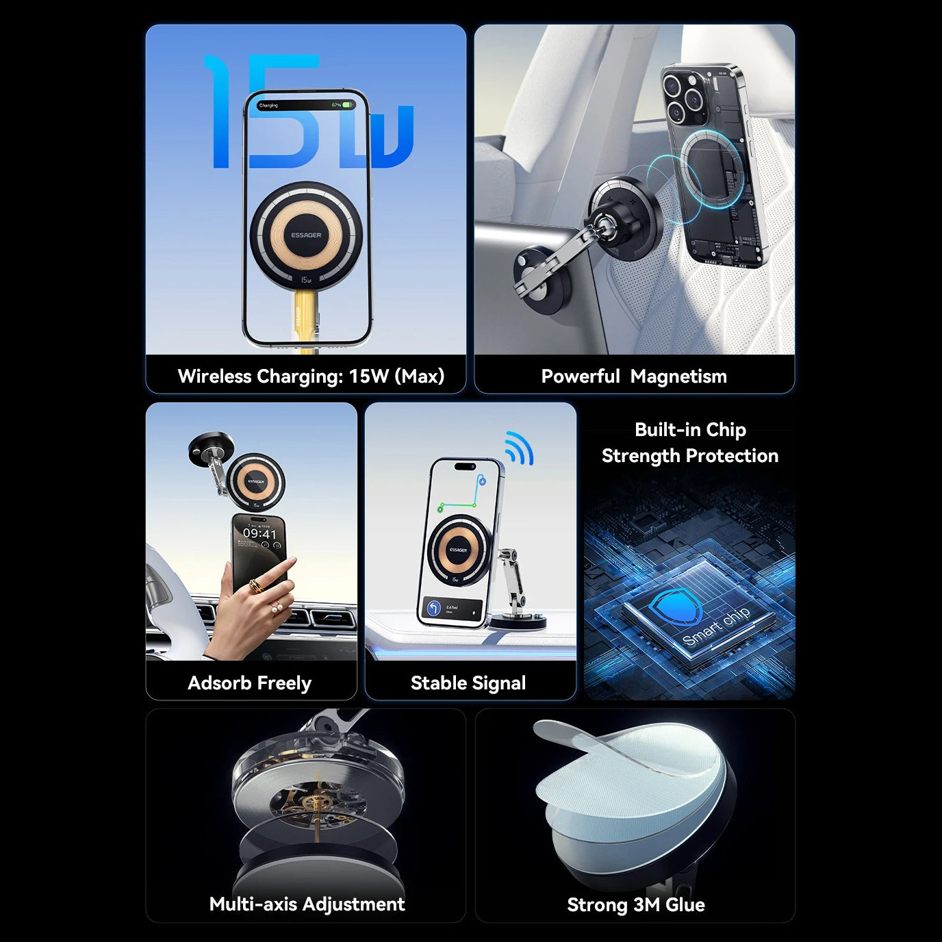 High-Quality iPhone MagSafe Magnetic Car Phone Holder, 15W Wireless Charging Mount with Multi-Axis Adjustment & Strong Magnetic Grip
