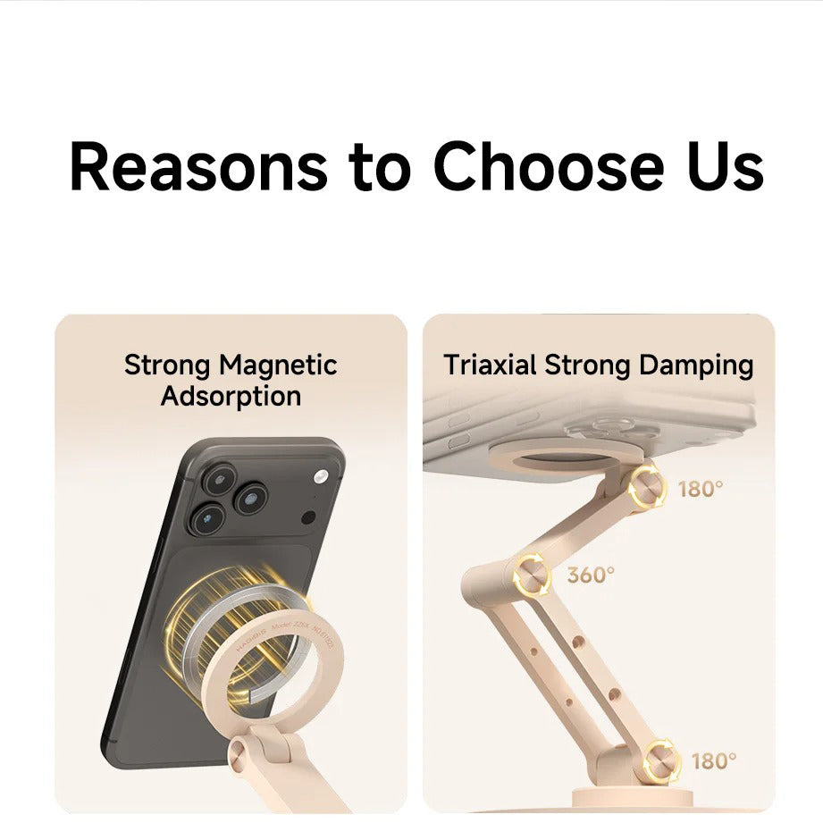 High-Quality iPhone MagSafe Magnetic Desk Phone Stand, 360° Rotating Aluminum Holder with Height Adjustment & Foldable Stable Base