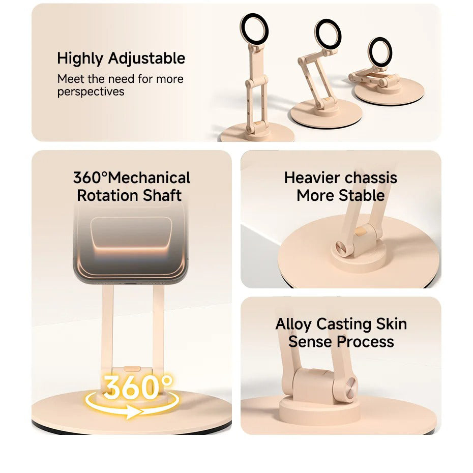 High-Quality iPhone MagSafe Magnetic Desk Phone Stand, 360° Rotating Aluminum Holder with Height Adjustment & Foldable Stable Base