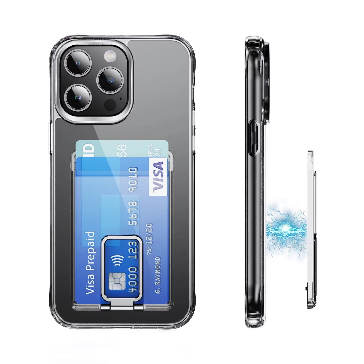 High-Quality iPhone Transparent Magnetic Card Wallet Case, MagSafe-Compatible Clear PC Cover with Metal Stand Holder