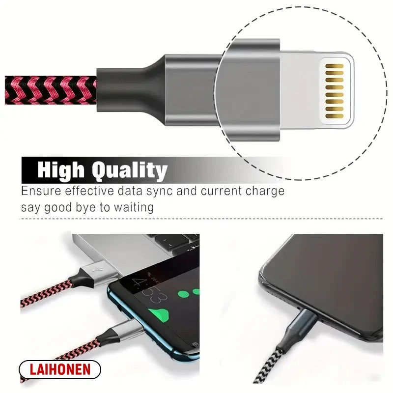 High-Quality iPhone USB-A to Lightning Charging Cable, 12W Fast-Charge Nylon Braided Data Cable with Durable 2.4A Output