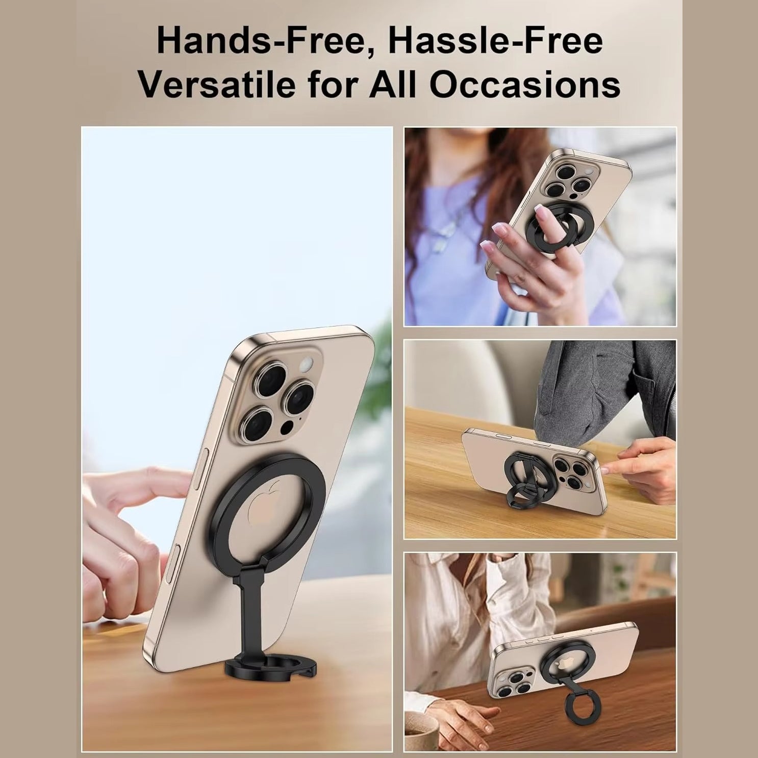 Impact-Ready iPhone Double-Sided Magnetic Ring Holder, MagSafe Phone Grip Stand with Dual-Magnet Support & Secure Finger Hold