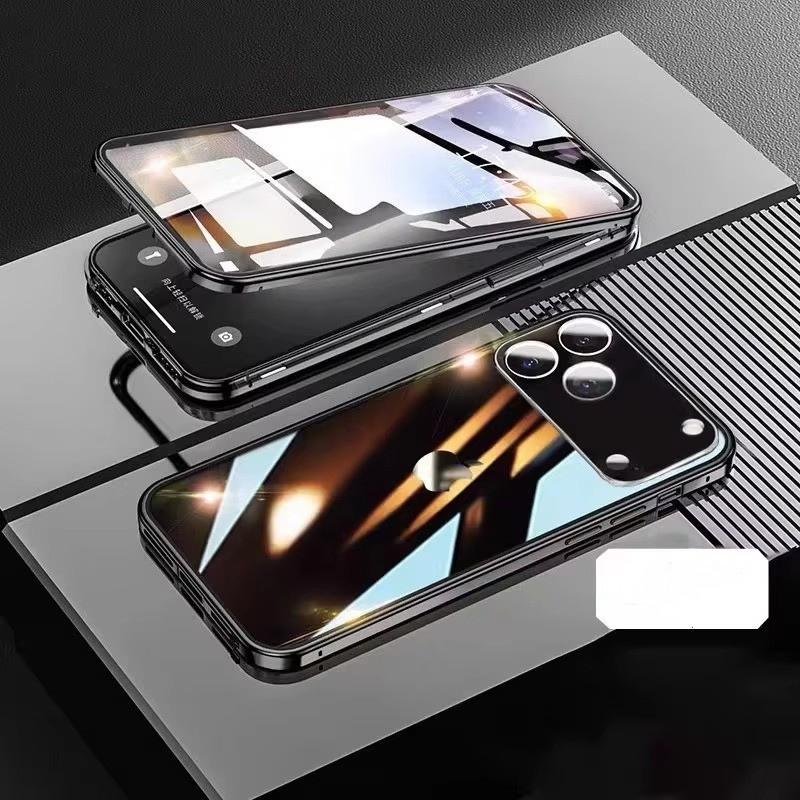 Luxury iPhone Case — 360° Full Protection Double-Sided Magnetic Glass with Aluminum Alloy Frame, Snap-Lock Bumper Cover, Shockproof, Anti-Scratch Design