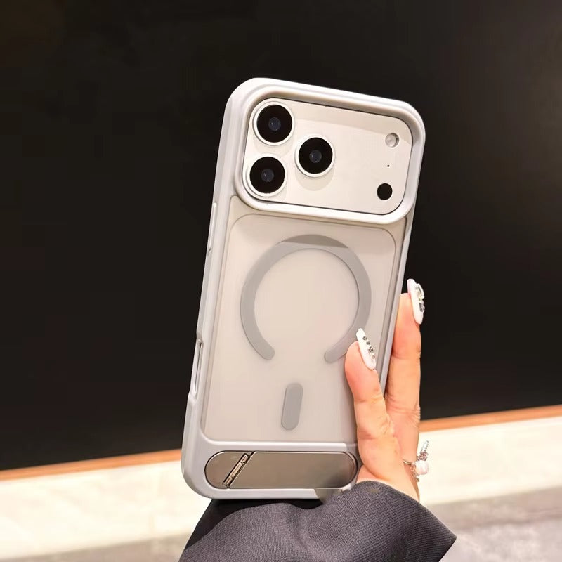 Luxury iPhone Case — Foldable Magnetic MagSafe Compatible Half-Wrapped PC Cover with Matte Finish, Shockproof, Anti-Fingerprint, Stand Holder, Non-Slip Design