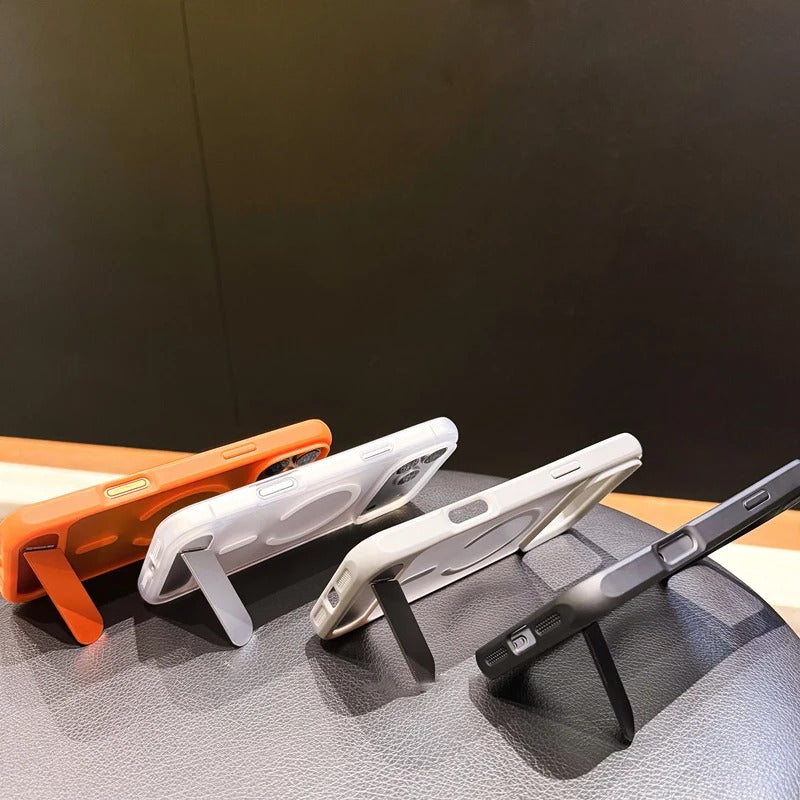 Luxury iPhone Case — Foldable Magnetic MagSafe Compatible Half-Wrapped PC Cover with Matte Finish, Shockproof, Anti-Fingerprint, Stand Holder, Non-Slip Design