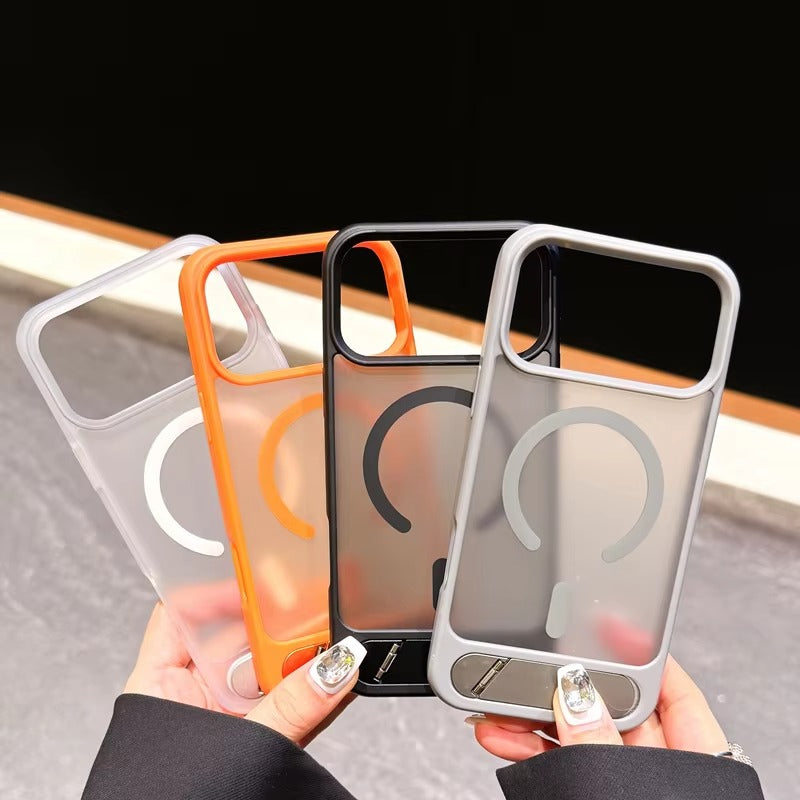 Luxury iPhone Case — Foldable Magnetic MagSafe Compatible Half-Wrapped PC Cover with Matte Finish, Shockproof, Anti-Fingerprint, Stand Holder, Non-Slip Design