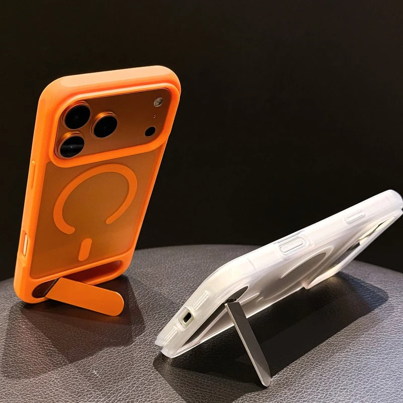 Luxury iPhone Case — Foldable Magnetic MagSafe Compatible Half-Wrapped PC Cover with Matte Finish, Shockproof, Anti-Fingerprint, Stand Holder, Non-Slip Design