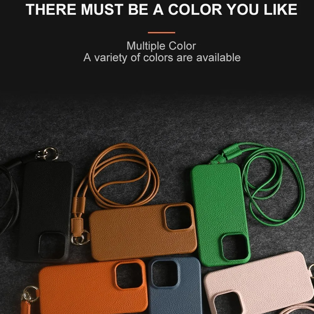 Luxury Genuine Leather iPhone Case — Cowhide Half-Wrapped Cover with Crossbody Strap, Anti-Scratch, Dustproof, Non-Slip Protective Shell