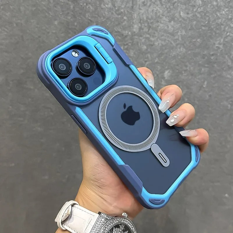 Luxury iPhone Case — Magnetic Shockproof Armor Bumper with Foldable Lens Stand Protection, Matte Anti-Fingerprint Finish, Secure Grip and Wireless-Charging Compatible Design