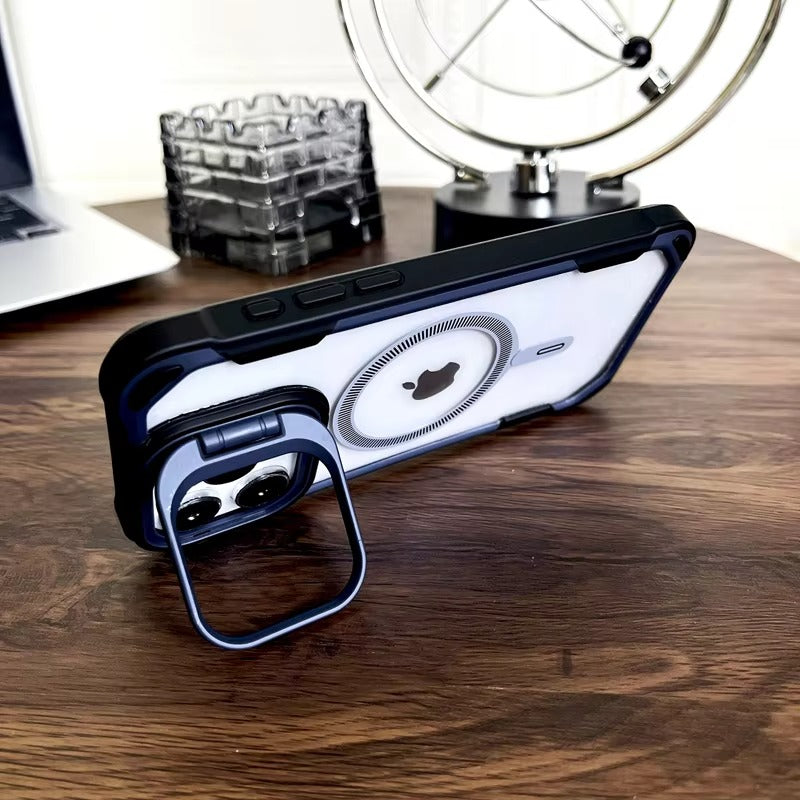 Luxury iPhone Case — Magnetic Shockproof Armor Bumper with Foldable Lens Stand Protection, Matte Anti-Fingerprint Finish, Secure Grip and Wireless-Charging Compatible Design