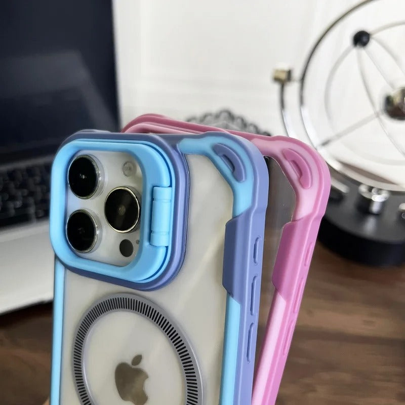 Luxury iPhone Case — Magnetic Shockproof Armor Bumper with Foldable Lens Stand Protection, Matte Anti-Fingerprint Finish, Secure Grip and Wireless-Charging Compatible Design