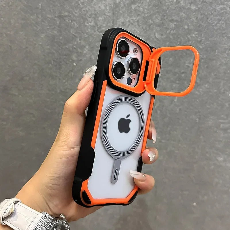 Luxury iPhone Case — Magnetic Shockproof Armor Bumper with Foldable Lens Stand Protection, Matte Anti-Fingerprint Finish, Secure Grip and Wireless-Charging Compatible Design