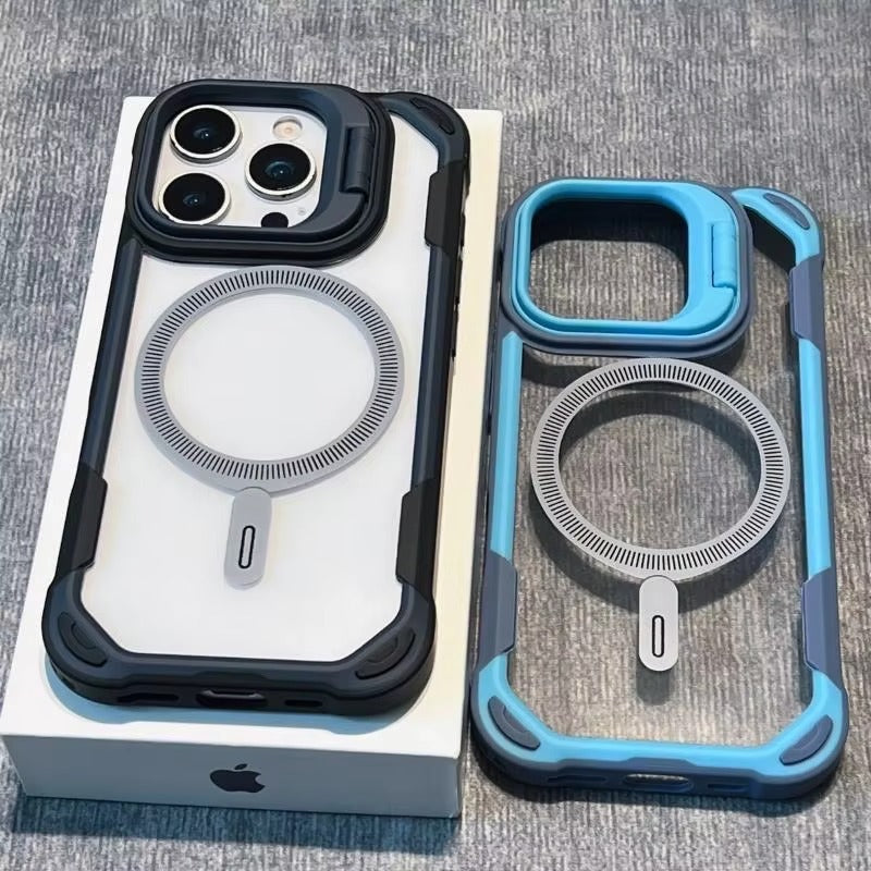 Luxury iPhone Case — Magnetic Shockproof Armor Bumper with Foldable Lens Stand Protection, Matte Anti-Fingerprint Finish, Secure Grip and Wireless-Charging Compatible Design