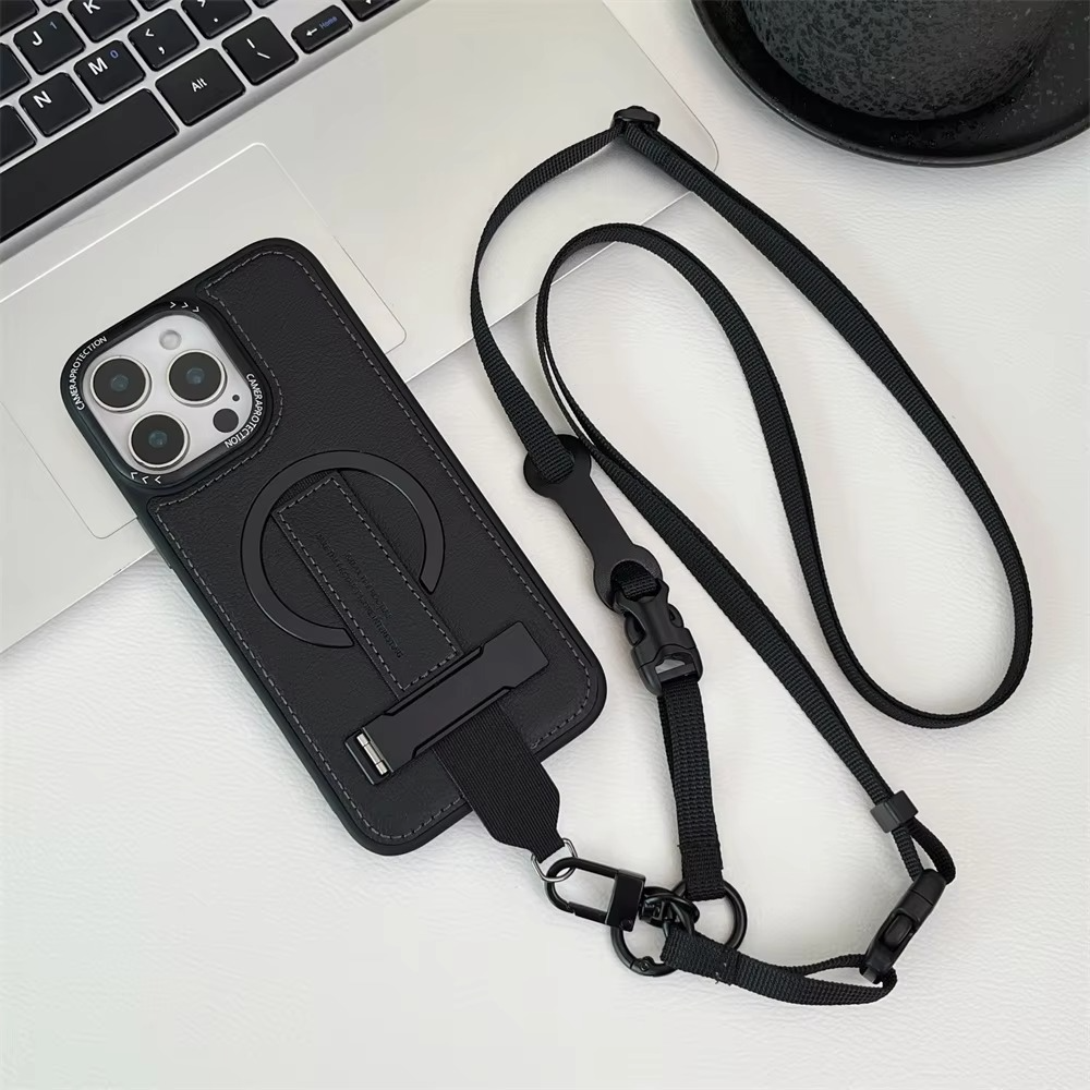 Luxury Magnetic iPhone Case — Shockproof Leather Cover with Crossbody Wrist Strap Rope Holder, Bracket Stand, Full Lens & All-Around Protection