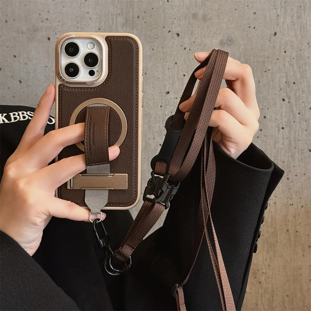 Luxury Magnetic iPhone Case — Shockproof Leather Cover with Crossbody Wrist Strap Rope Holder, Bracket Stand, Full Lens & All-Around Protection