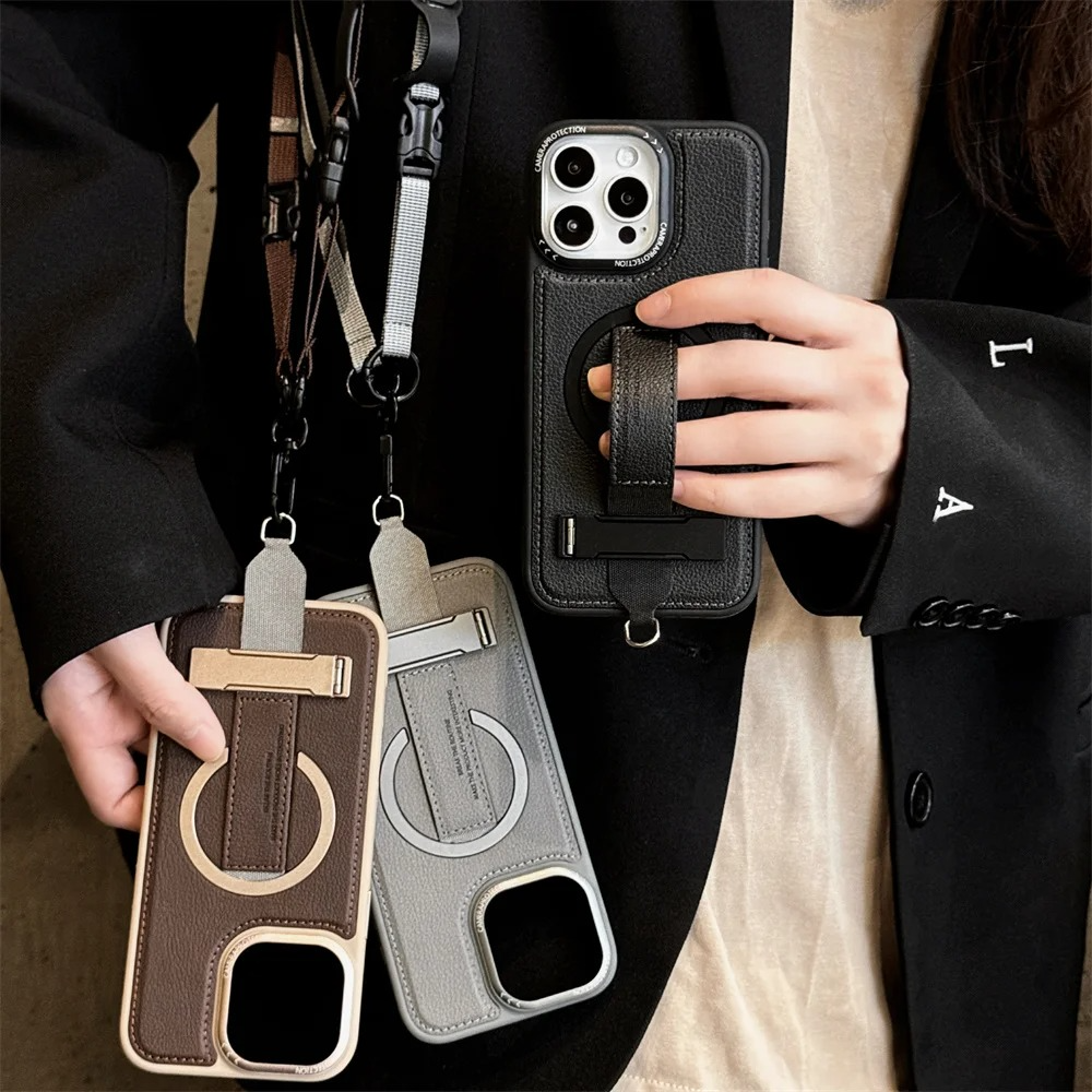 Luxury Magnetic iPhone Case — Shockproof Leather Cover with Crossbody Wrist Strap Rope Holder, Bracket Stand, Full Lens & All-Around Protection