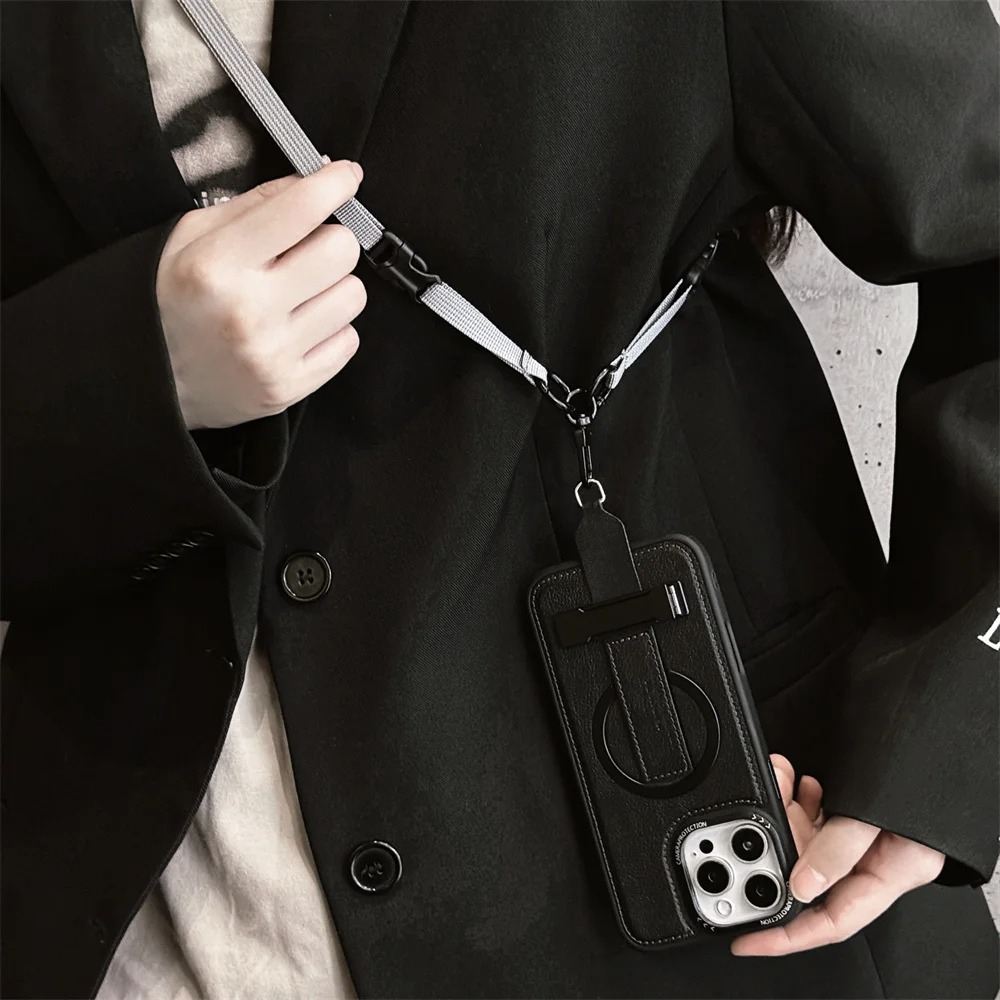 Luxury Magnetic iPhone Case — Shockproof Leather Cover with Crossbody Wrist Strap Rope Holder, Bracket Stand, Full Lens & All-Around Protection