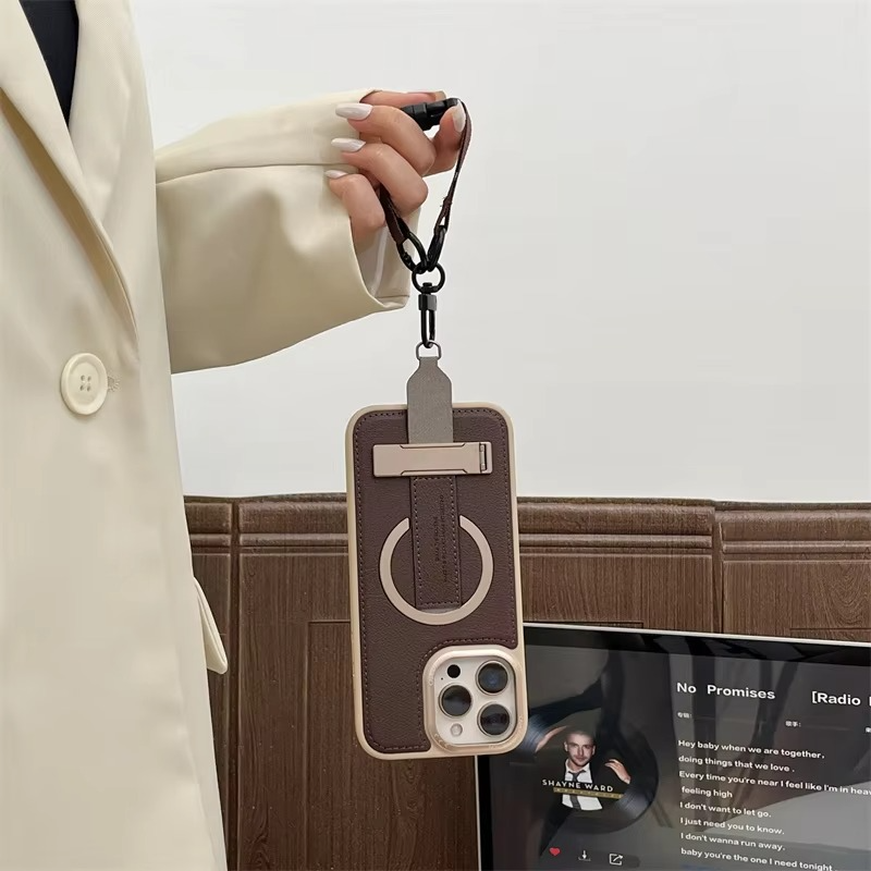 Luxury Magnetic iPhone Case — Shockproof Leather Cover with Crossbody Wrist Strap Rope Holder, Bracket Stand, Full Lens & All-Around Protection