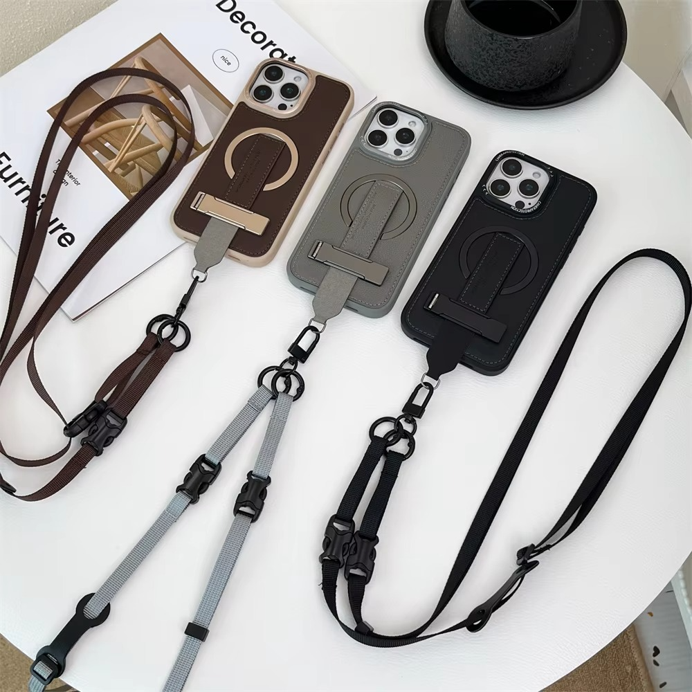Luxury Magnetic iPhone Case — Shockproof Leather Cover with Crossbody Wrist Strap Rope Holder, Bracket Stand, Full Lens & All-Around Protection