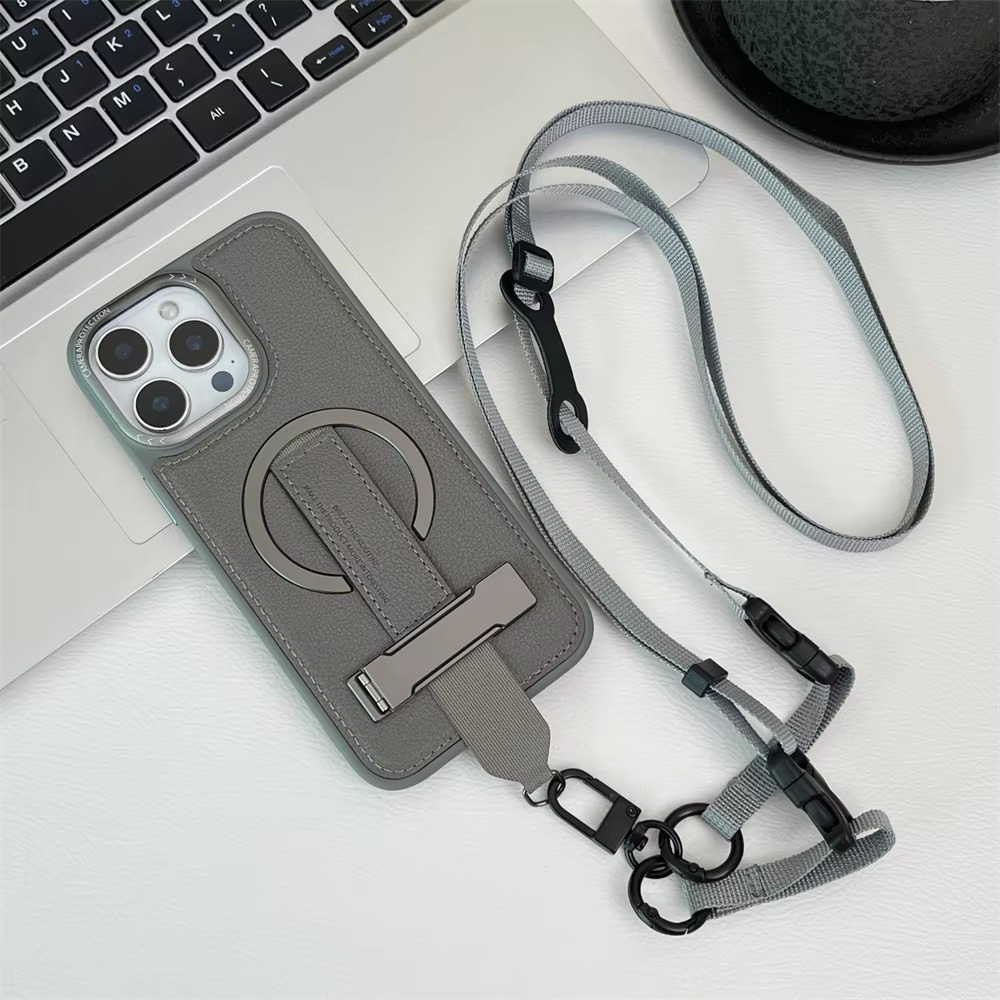 Luxury Magnetic iPhone Case — Shockproof Leather Cover with Crossbody Wrist Strap Rope Holder, Bracket Stand, Full Lens & All-Around Protection