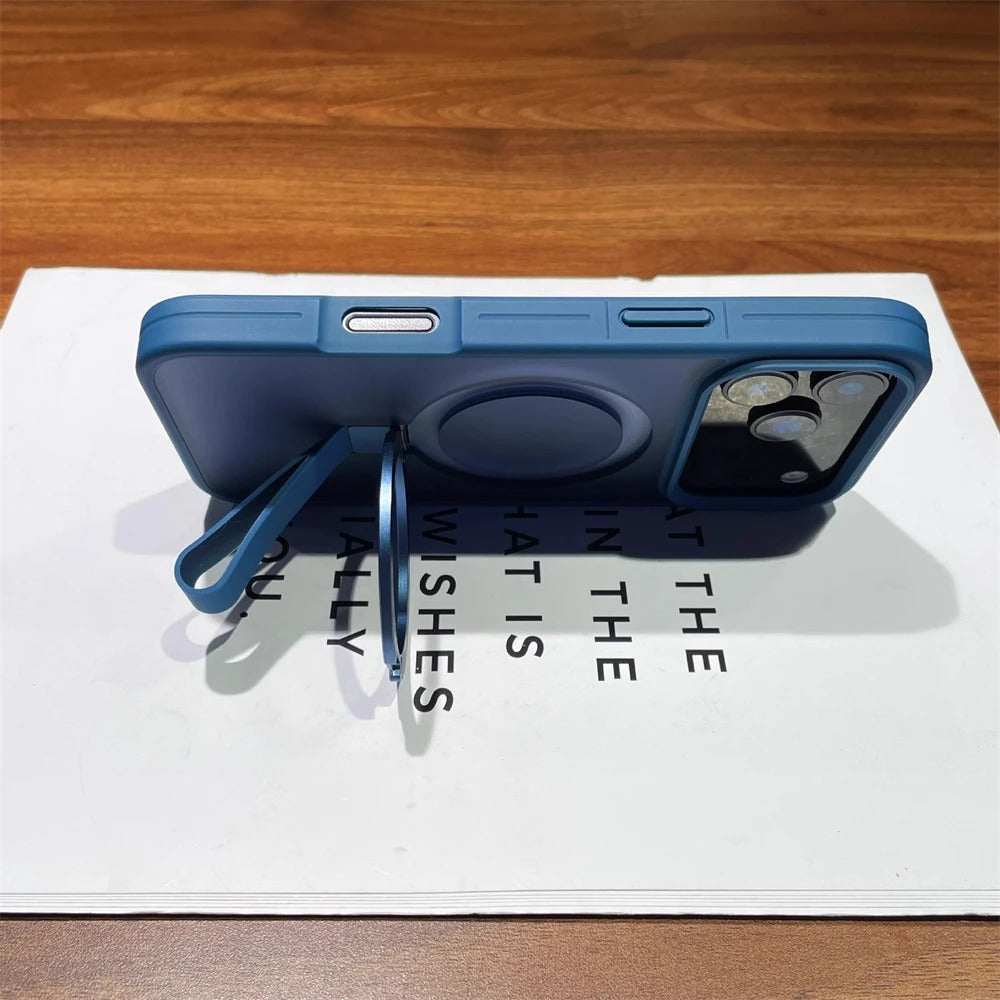 Luxury Magnetic iPhone Case with Strap and Stand — Matte Shockproof Cover, Non-Slip Grip, MagSafe Wireless Charging Ready, Textured Modern Design