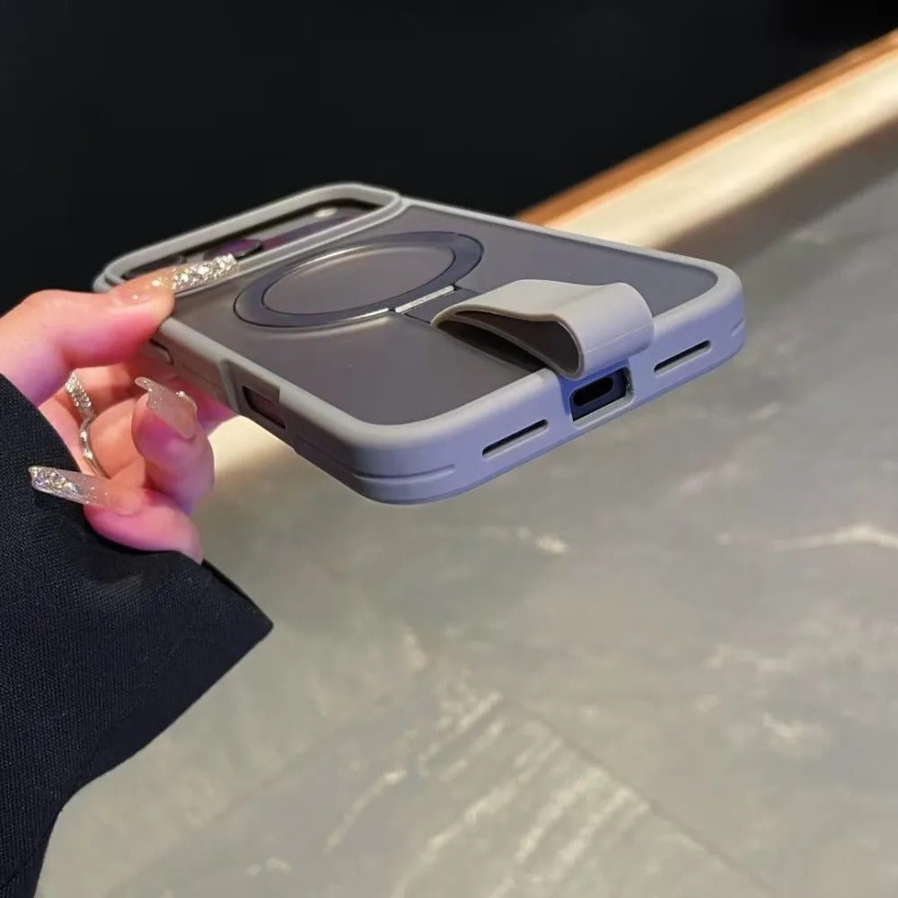 Luxury Magnetic iPhone Case with Strap and Stand — Matte Shockproof Cover, Non-Slip Grip, MagSafe Wireless Charging Ready, Textured Modern Design