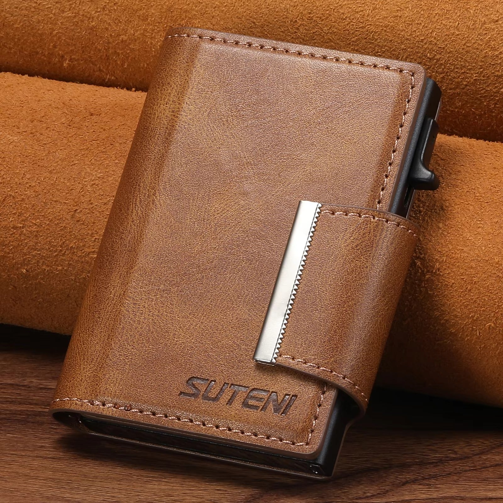Luxury PU Leather Magnetic Wallet with Auto Card Eject Button, Flip Cover Design, Secure Buckle Closure & Slim Card Slot Storage