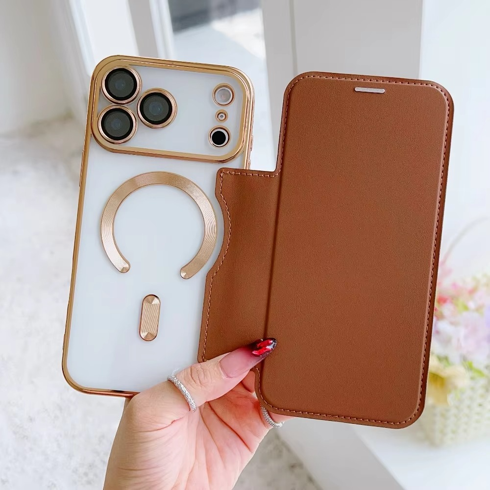 Luxury iPhone Case — Transparent Flip Leather MagSafe Compatible Magnetic Wallet Cover, Shockproof, Anti-Fingerprint, Card Holder, Kickstand, Dustproof Design